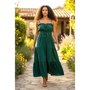 (D-111)Women's Green Maxi Dress Size M Boho Tiered Spaghetti Strap Flowy Summer